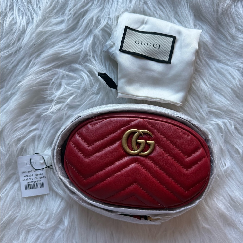Gucci Red GG Marmont Quilted Leather Crossbody Belt Bag firm price